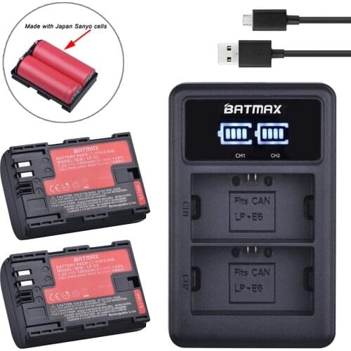 2pcs LP-E6 LP E6 LP-E6N battery made with Japan Cells +LED Dual USB Charger for Canon EOS 5D Mark II III 5DS 5DSR 6D 7D 60D 90D