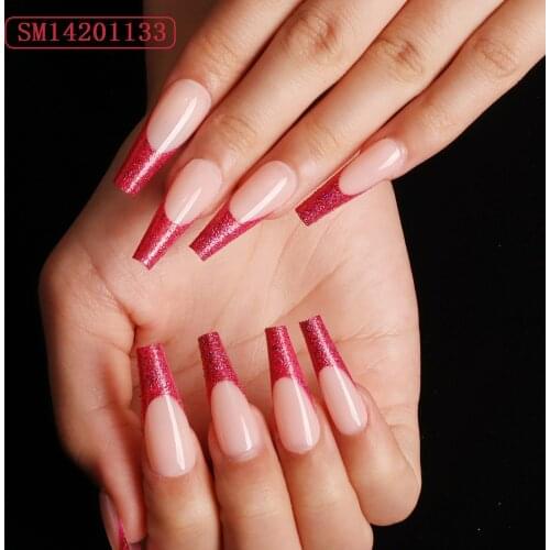 24pcs Fake Nails With Designs Red Coffin Type Removable Long Style Fashion Manicure Save Time False Nails With Glue Press On To