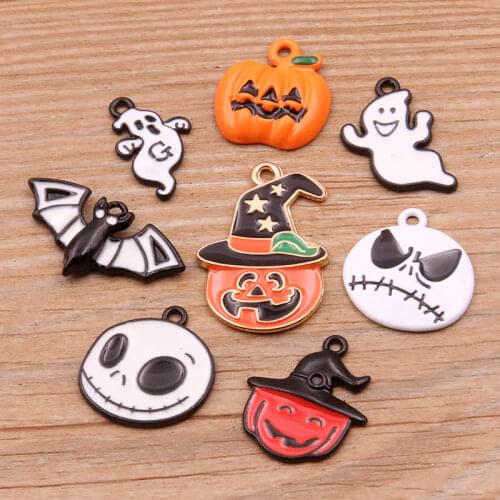 6Pcs Mix Size 6 Styles Alloy Metal Drop Halloween Charm Pumpkin Bat Ghost Pendant For DIY Bracelet Necklace Jewelry Making