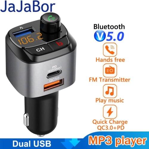 JaJaBor Bluetooth 5.0 Car Kit Handsfree Car MP3 Player FM Transmitter QC3.0 Quick Charge PD18W Fast Charging Car Charger