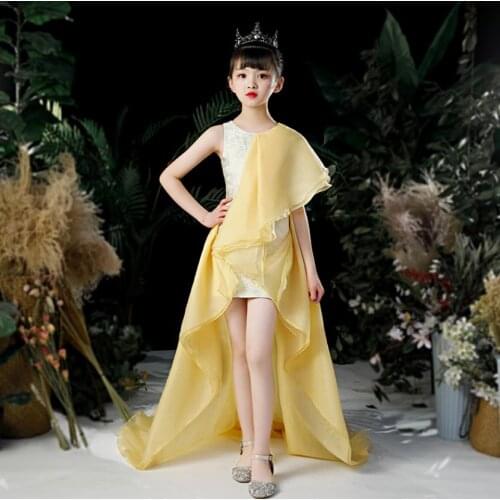 High-End Children Evening Gown Mesh Stitching Kids Catwalk Sleeveless Princess Dress For Girls Birthday Party Vestidos L547