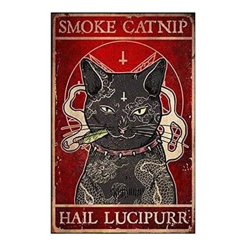 Metal Wall Sign Smoke Catnip Hail Lucipurr Cross Tattoo Cat Bar Bistro Wall Art Deco Poster Retro Metal Plate 8X12 Inches