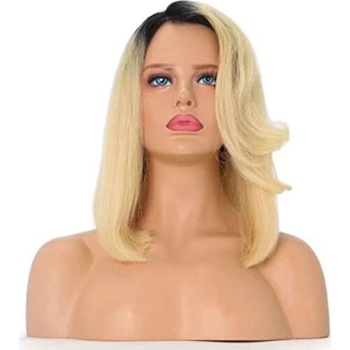 Mmuxuno Human Hair 13*4 light Blonde Ombre Hair Lace Frontal Wig Short bob 130% Density Lace Front Wigs with body Hair