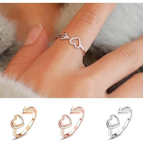 Rose Gold Open Adjustable Finger Shellhard Cute Simple Hollow Love Heart Arrow Rings for Women Girls Birthday Gift Jewelry