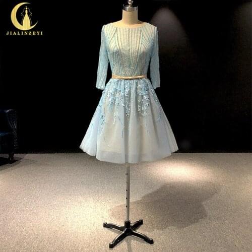 Rhine real Pictures Elie saab Sky Blue Beads Knee Length Prom dresses arabic evening dresses long