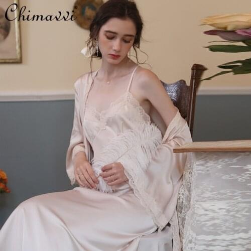 Sexy V-neck Lace Patched Champagne Long Nightdress Womens Two-Piece Set Spring New Silk Soft Sling Sleeping Wear
