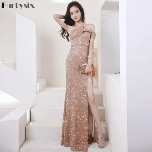 Partysix One Shoulder Evening Dress Mermaid Colorful Sequins Prom Gown Glitter Lace Long Formal Party Women Split Prom Dress