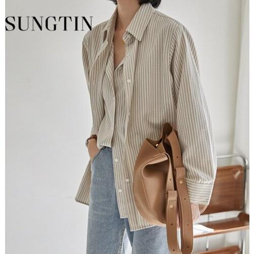 Sungtin Vintage Fake Two Piece Stripe Blouse Shirts Women Elegant Casual Loose Shirts Female Korean Chic Oversize Tops Spring