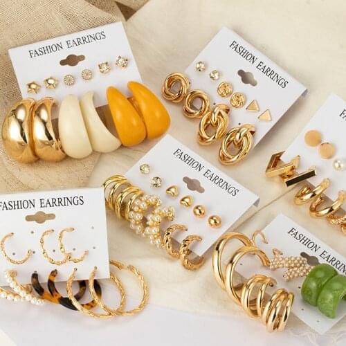 Fashion New Gold Vintage Metal Pearl Circle Hoop Earrings For Women Set Geometric Dangle Hanging Earring 2021 Trend Jewelry Gift