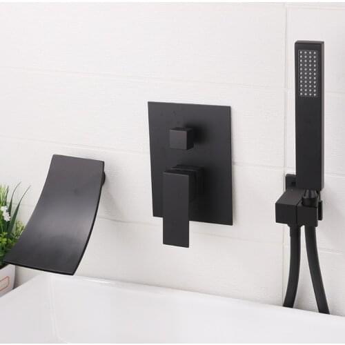 Concealed shower set in-wall bathtub faucet black copper hot and cold embedded waterfall spout faucet