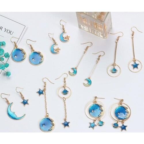 1Pair Fashion Blue Star Moon Star Stud Earrings For Women Gold Color Universe Planet Circle Asymmetry Long Earrings