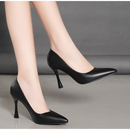 Women Genuine Leather Pointed Toe Shoes Female Stiletto Professional High Heels Black Etiquette Shoes Versatile Work Shoes