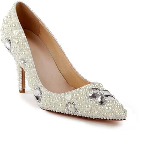 High Heel Womens Shoes Elegant Pearl Leather Stiletto Diamonds Handmade Custom Wedding Shoes Bride And Bridesmaid Pumps Sandals