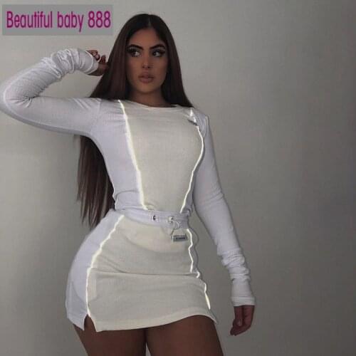 Meqeiss 2020 summer new women sets 2 pieces striped reflective elastic patchwork full sleeve tops fashion elastic bottom skirts