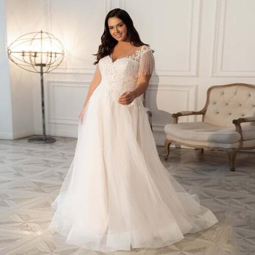 Womens Bling Wedding Dress Sexy V Neck Beading Applique Sweep Train Tulle A Line Plus Size Bridal Gown