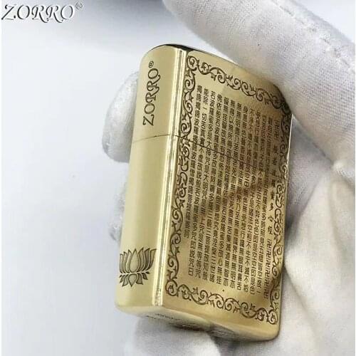 Zorro Pure Copper Kerosene Lighter Fine Carving The Buddhist Scriptur Pattern Brass Smoking Tool Gasoline Lighter With Gift Box