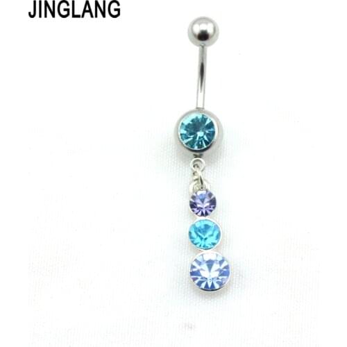 JINGLANG Free Shipping Mix Sale Fashion Colorful Rhinestone Dangle Surgical Steel Barbell Navel Ring For Body Piercing Jewelry