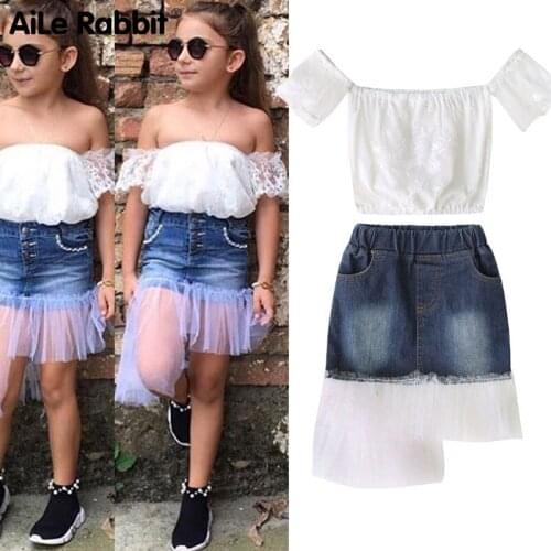 AiLe Rabbit 2019 new childrens clothing summer cotton off-shoulder shirt fashion mesh denim skirt girls suit