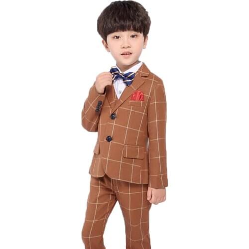 Kids Formal Plaid Jacket+vest Pants Bowtie 4pcs Wedding Suit Flower Boys Birthday Dress Children Gentleman Party Costume