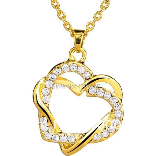 FineJewelry Double Heart women necklace Gold Rhinestone necklaces Wedding Multi Layer Necklace Gold Chain Plated Necklace T1446