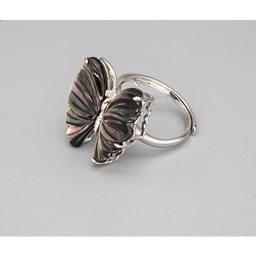 MIQIAO Big Butterfly Ring Natural White Black Mother Of Pearl Jewelry Womens Rings With Stones Adjustable Silver 925 Sterling
