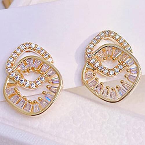 Minimalist Diamond Temperament Earrings Double Circle Top Quality Zircon Earring Women Exquisite Luxury Jewelry Lady Earring