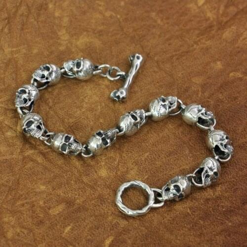 Details Skulls Chain 925 Sterling Silver Mens Biker Rock Punk Bracelet TA169