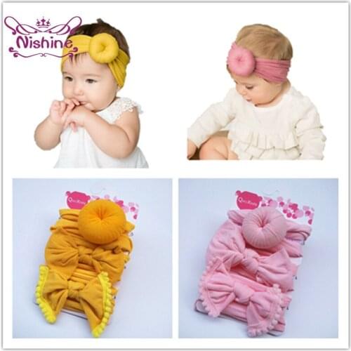 Nishine 3pcs/lot Solid Color Donut Infant Kids Headband Elastic Nylon Bows Baby Girls Hair Band Toddler Headwear Birthday Gifts