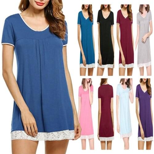 Spring and Summer Womens Nightdress Short-sleeved Lace Stitching Home Wear Sleep Tops Sexy Sleepwear Women Nightwear Night Gown