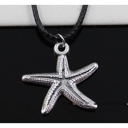 New Fashion Tibetan Silver Color Pendant Marine Starfish Necklace Choker Black Leather Cord Factory Price Handmade Jewelry