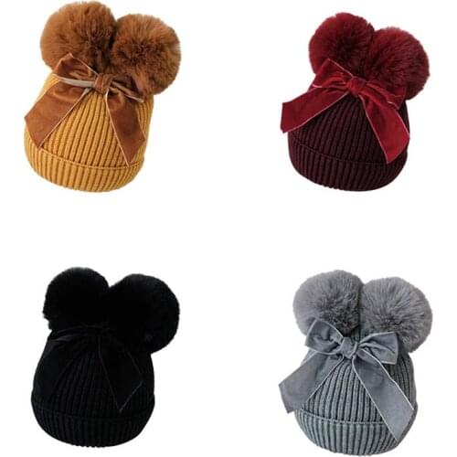 Newborn Kids Baby Girl Cute Winter Stuff Double Pompom Balls Warm Thicker Bow Beanie Cap Hat