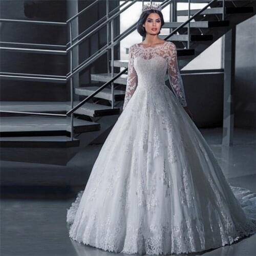 Scoop Neck Long Sleeves Wedding Dress 2020 Lace A line Bridal Gowns Custom Made White/Ivory Vestido De Novais Dresses Bridal H28