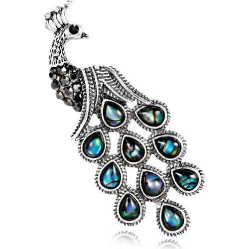 Vintage Abalone Shell Peacock Brooches For Women Party Banquet Crystal Rhinestone Pins Clothese Jewelry Accessories AG081