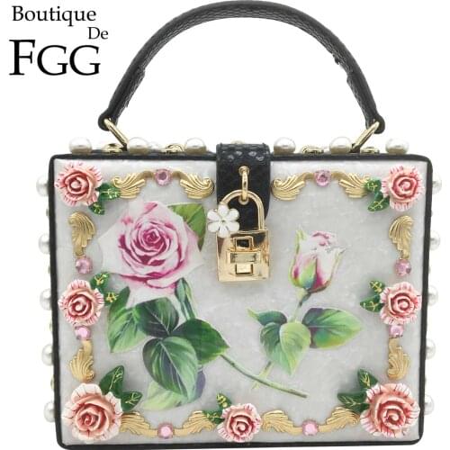Boutique De FGG Rose Flower Womens Fashion Box Totes Handbags, Faux Leather Shoulder & Crossbody Bags