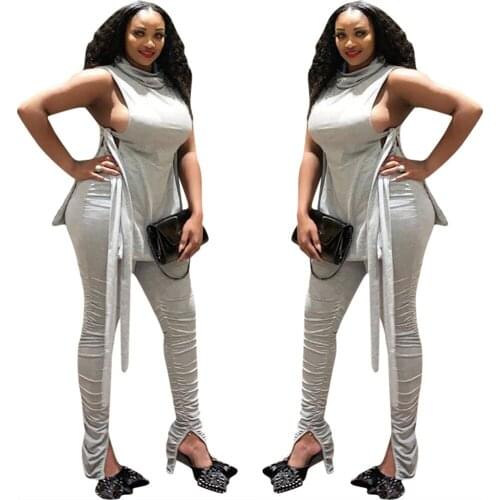 Women 's Casual Solid Color Bandage Two Piece Set Turtleneck Pullover Elastic Waist Full Length Sleeveless Polyester Regular