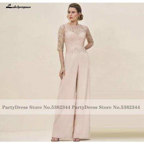 Lakshmigown Jumpsuits Evening Dress Robe de Mariage 2020 Elegant Pink Chiffon Long Mother of the Bride Dresses Lace Half Sleeves