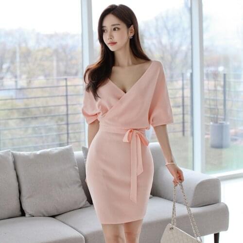 New arrival fashion backless party v-neck dress women elegant sexy temperament office lady slim bouncy solid pencil dress