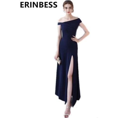 New Navy Blue Prom Dresses Robe De Soiree Boat Neck Shortsleeve High Slit Formal Evening Party Gowns Special Occasion Dress