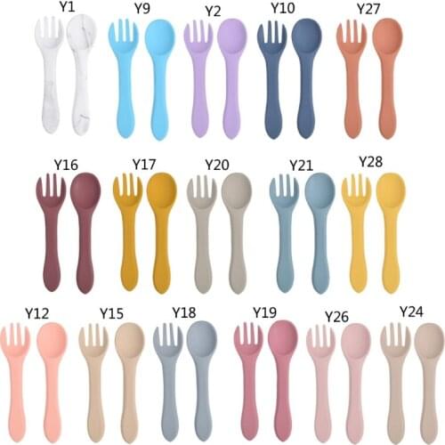2PCS Baby Soft Silicone Fork Spoon Feeding Set Kid Dishes Toddlers Infant Feeding Accessories Silicone Tableware GXMB