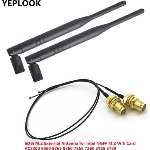 2 x 6dBi Dual Band M.2 MHF4 U.fl Cable to RP-SMA Wifi Antenna Module for Intel AC 9260 9560 8265 8260 7265 7260 NGFF M.2 Card