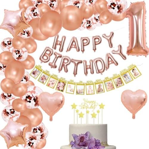 45pcs/Set 1st Birthday Decoration Baby Girl Boy Full Months Photo Banner Rose Gold Balloons Anniversaire An First Birthday Party