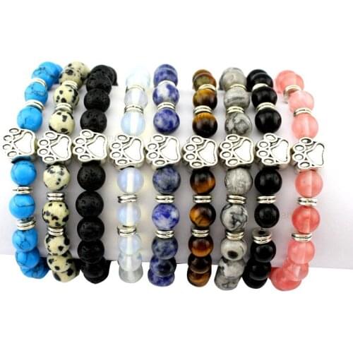 Dogs Cat Paw Natural Stone Lava Beads Bracelets Elastic Rope Fashion Men Women Unisex Wristband Trendy Jewelry Drop Shipping