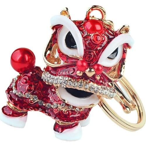 Chinese Traditional Festival Rotated Dance Lion Keychain Men Car Crystal Keyring Ethnic Lucky Mascot Key Holder Women Bag Decor