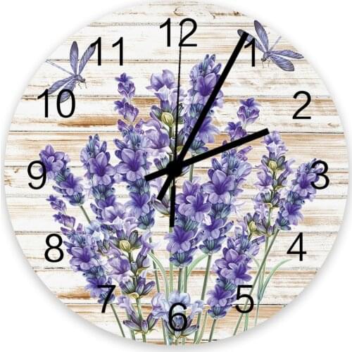30cm Clock Purple Flower Lavender Dragonfly Wood Home Quiet Silent Simple Mute Decorative Wall Clock Living Room Wall Watch