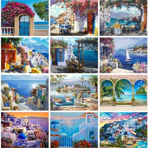 Huacan 5d Diamond Embroidery Cross Stitch Seaside Castle Mosaic Diamond Paintings House Flower Landscape Modular Pictures