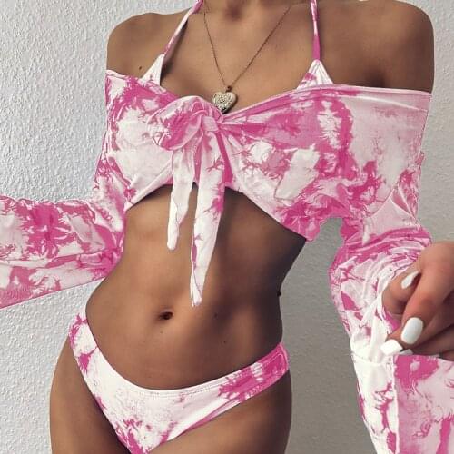 3pcs Women Tie Dye Bikini Set Lace Cover-ups Bathing Suits Fashion Robe Transparent Swimwer for Lady Summer Beachwear Swimsuits