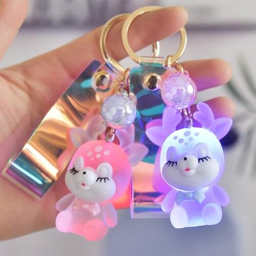 Creative Cute Sika Deer Flashlight Keychain Women Animal Elk Key Chain Lanyard Led Car Key Ring Holder Bag Charms Pendant Gift