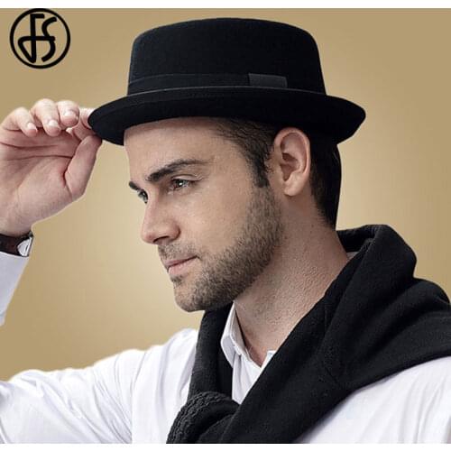 FS Vintage Pork Pie Hat Men Wide Brim Wool Felt Fedora Black Hat Mans Church Jazz Ribbon Trilby Panama Gangsters Caps Gentlemen