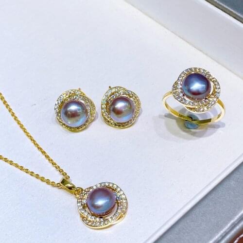 3Pieces Jewelry Set With Classic Purple Color Natural Freshwater Pearl Jewelry Set