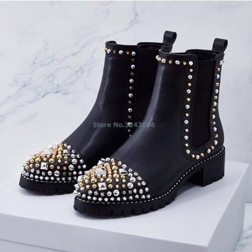 New Arrival Round Toe Black PU Ankle Boots Gold Silver Rivet Punk Slip On Lady Short Boots Cool Style Comfortable Flat Shoes
